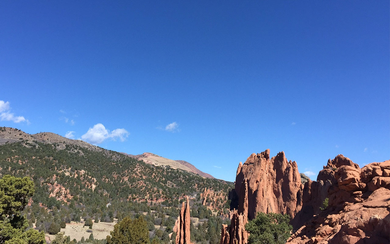 Scenic view of the skyward red rocks at Garden of the Gods